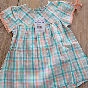 NWT RUFFLE BUTTS Presley Plaid White Turquoise & Peach Dress 18-24 Mos